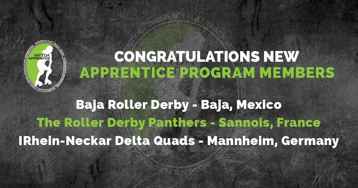 WFTDA's tweet photo. We'd like to extend a warm welcome to our newest Apprentice Program Leagues! This group of leagues continues the association's international growth. Congratulations Baja Roller Derby, The Roller Derby Panthers, and @DeltaQuads! 🇲🇽🇫🇷🇩🇪 https://t.co/jq8kuTX99A https://t.co/Qf9nYrlZ72