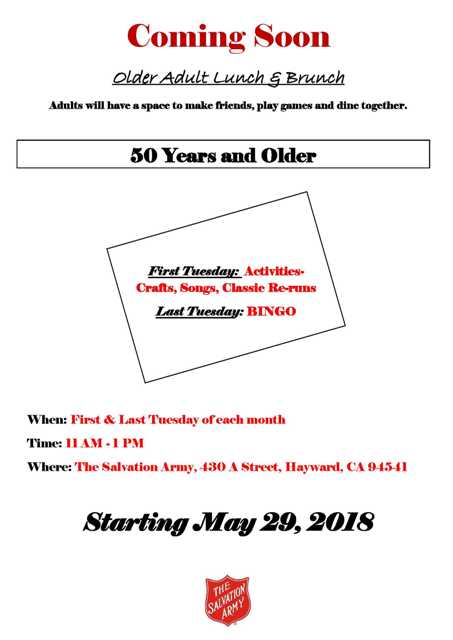 TSAHayward's tweet photo. FIRST &amp; LAST TUESDAYS, 11 am - 1 pm... Senior Lunch &amp; Brunch (50+ years) at The Salvation Army Hayward, 430 A St, Hayward. Tel. (510) 581-6444. Everyone is welcome! https://t.co/tWM5TcwPYx