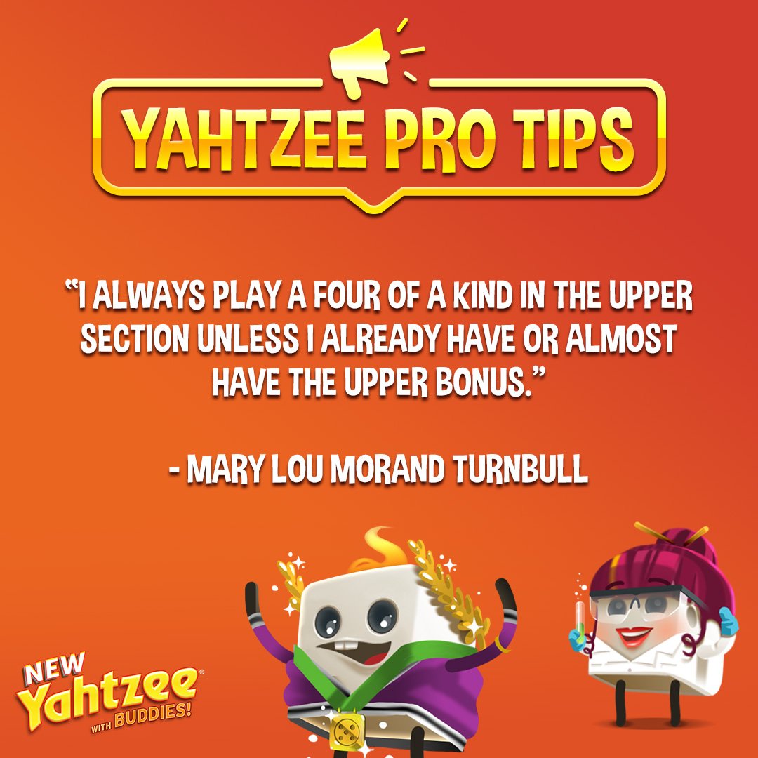 YahtzeeBuddies's tweet photo. May Lou Morand Turnbull has a great 4-of-a-kind strategy! When do you play the upper section boxes? #YahtzeeWithBuddies https://t.co/XIf1WiGTNF
