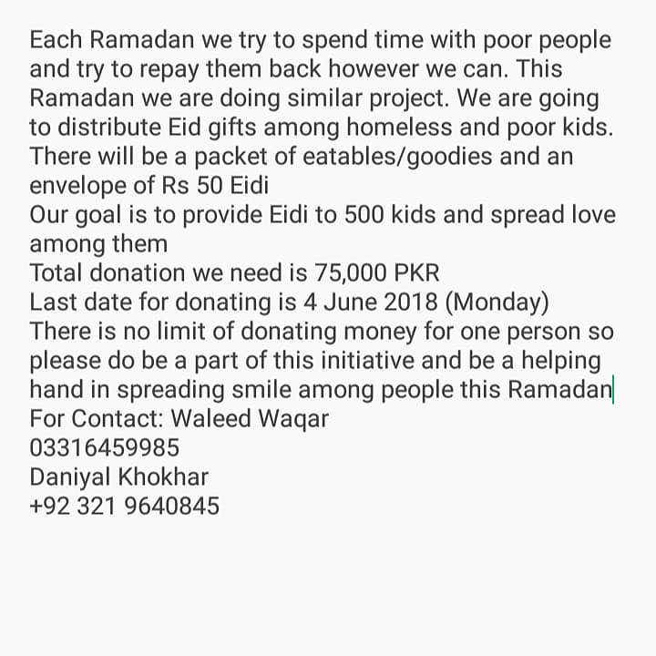 PakTrendMania's tweet photo. A great initiative started by the CEO of @PakTrendMania Mr @DaniyalKhokhar1 Let's everyone join him in this good deed this Ramadan #EidiBachoKeLiye https://t.co/7416lwr1Yd