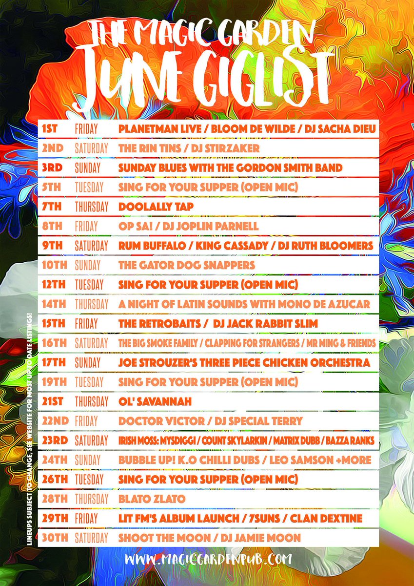magic_pub's tweet photo. JUNE 🍄 Festival vibes from @PlanetmanWorld + @bloomdewilde on 1/6, foot stomping fusion from @RumBuffalo + @KingCassadyBand on 9/6, funky stuff from @BigSmokeFamily on 16/6, @MysDiggi on 23/6, @litfmmusic album launch w @7SunsTheBand on 29/6, & lots more! https://t.co/OqCCN1AV2h https://t.co/4KnZXT48BW