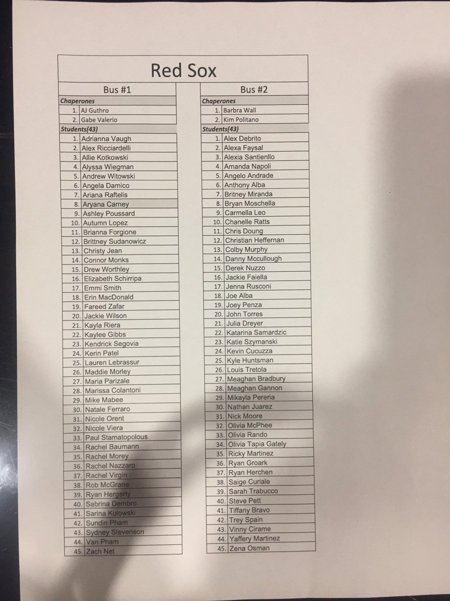 These are the bus list’s for the Red Sox game tonight. Please meet at the high school by 5:00!
If you’re name is on this list &amp; you are NOT coming, contact Amanda Napoli IMMEDIATELY so people on the waitlist can come!!