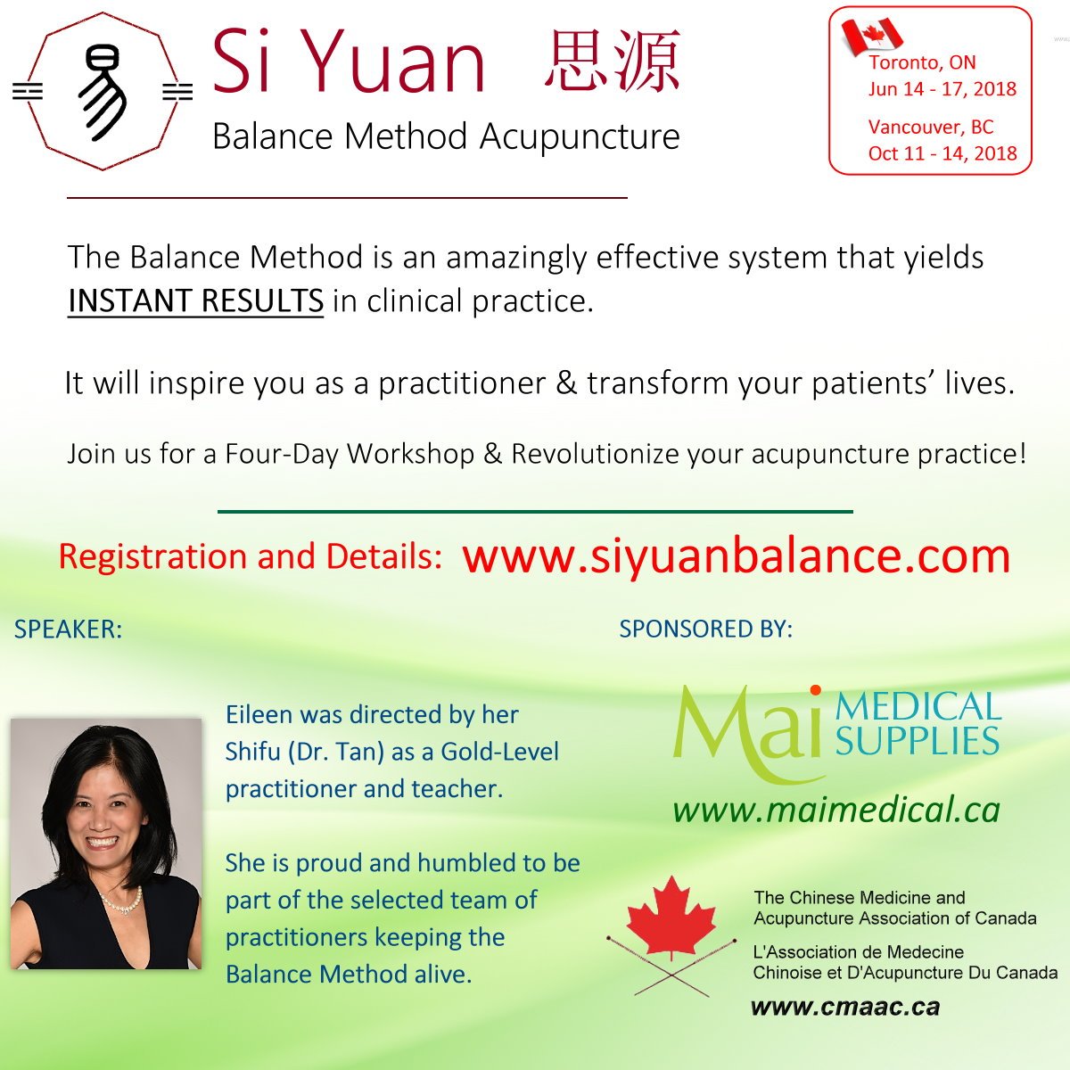 CMAAC_News's tweet photo. Friendly Reminder: The upcoming Si Yuan Balance Method Acupuncture Workshop is approaching. Don't miss out the two Canadian Dates: June 14 to June 17! Register today! Only a few spots left for Toronto date! @maimedsupplies https://t.co/H4WV8DqvDt] https://t.co/68pOfxUVaY