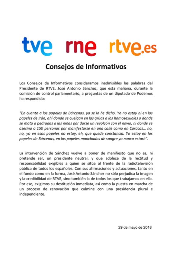 Los Consejos de Informativos exigimos la destitución inmediata del presidente de RTVE, José Antonio Sánchez, tras reconocer que aparece en los papeles de Bárcenas en medio de ataques a la oposición, una actitud impropia del que debe dirigir una RTVE plural y neutral #DefiendeRTVE