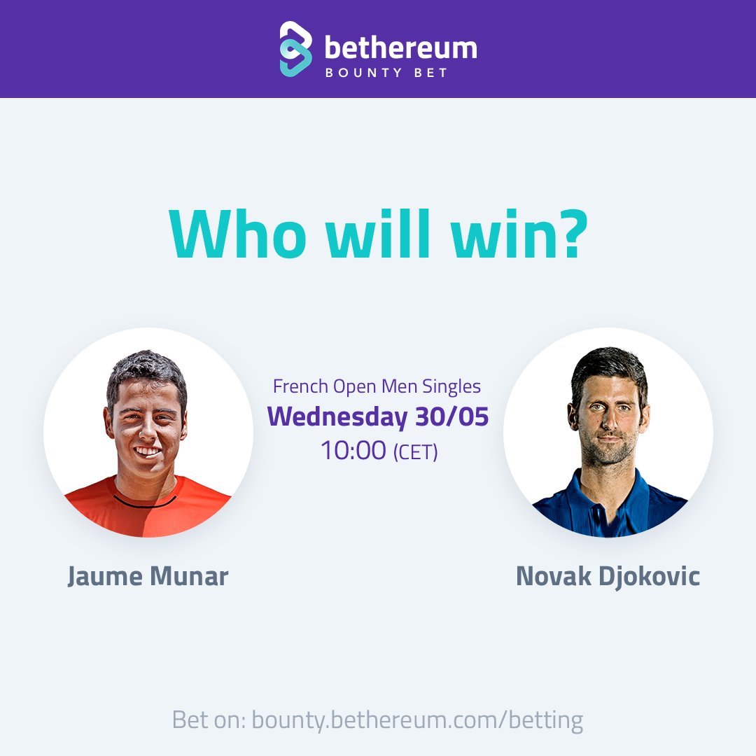 bethereumteam's tweet image. Place your bets for the upcoming French Open Men Singles match in the BOUNTY BET and don&apos;t forget to share it with your friends on social media to gain some extra bounty points! 🎾🎾🎾
bounty.bethereum.com/betting/
#djokovic #munar