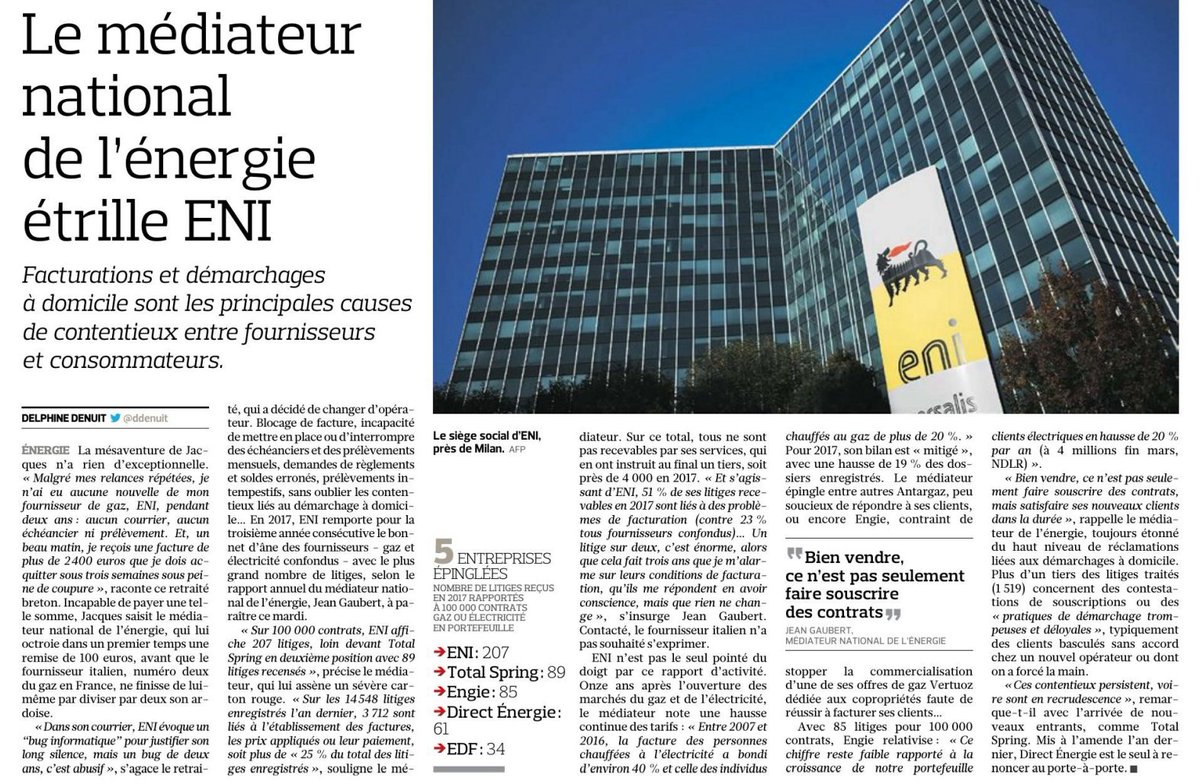CGTPALUEL's tweet photo. Article paru dans Le Figaro du Mardi 29 Mai 2018 - Le #médiateur national de l'#énergie étrille #ENI. #Facturations et #démarchages à domicile sont les principales causes de #contentieux entre #fournisseurs et #consommateurs. https://t.co/3AbKxBkdGp
