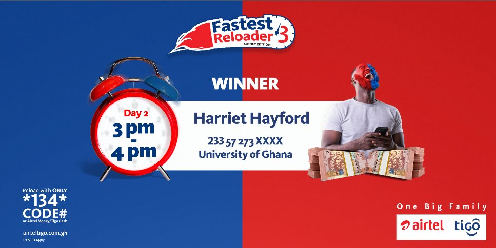 theatghana's tweet photo. Harriet Hayford from UG is the 4th winner of the #FastestReloader promo. She grabs a cool Ghc 1,000 between for 3pm - 4pm time band with just a recharge. Get your 5ghc or more airtime ready and recharge with *134*CODE# or AirtelTigo Money on the hour to WIN.
#CashOut https://t.co/n882Gjg1h0