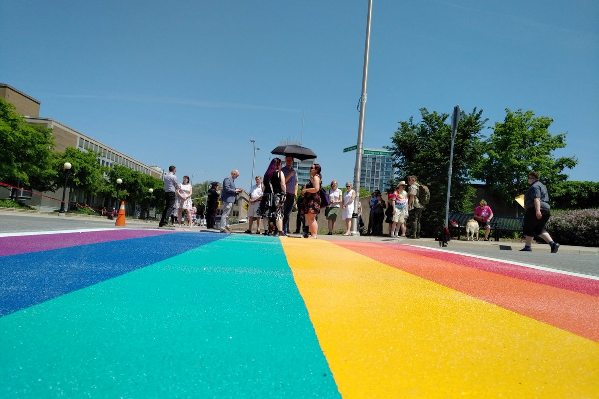 CityKitchener's tweet image. Celebrating the unveiling of the Region's first rainbow crosswalk!