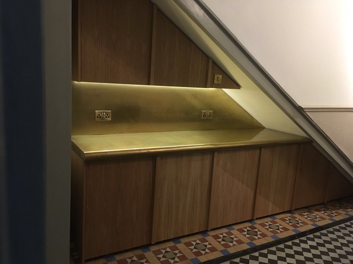 Brass and Oak counter and cabinets by Baines&amp;Fricker for residential project completed.. #interiors