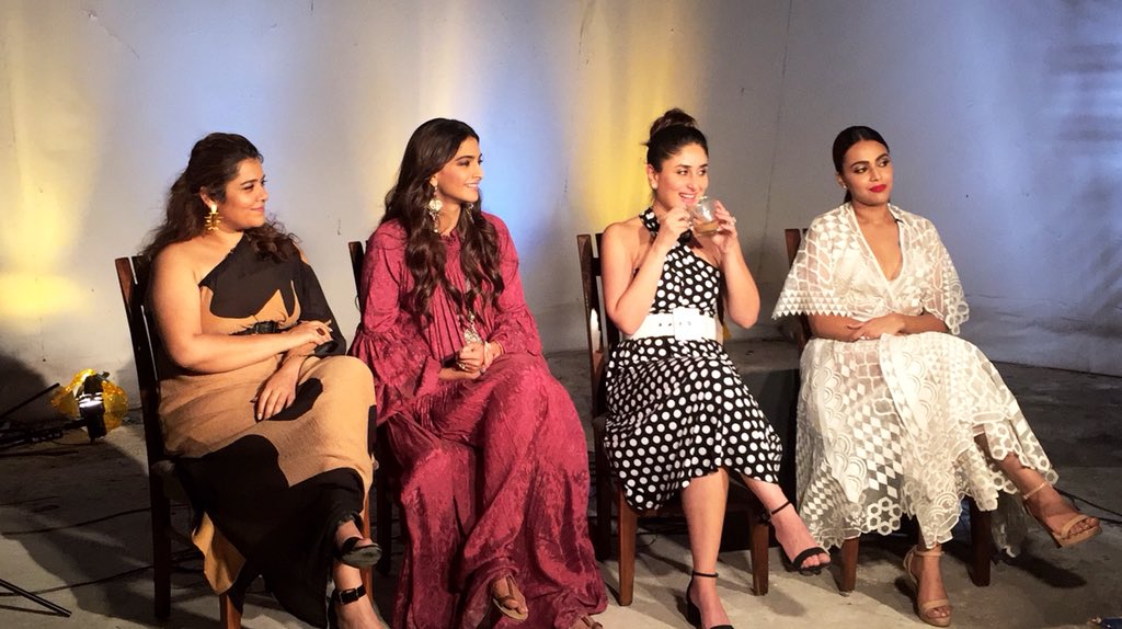 vdwthefilm's tweet photo. The Glam Girls addressing the crowd today for #VeereDiWedding Promotions! #3DaysToVDW

#KareenaKapoorKhan @sonamakapoor @ReallySwara @ShikhaTalsania @RheaKapoor @ektaravikapoor @Nikhil_Dwivedi @balajimotionpic @saffronbrdmedia https://t.co/eMxvAOLut9