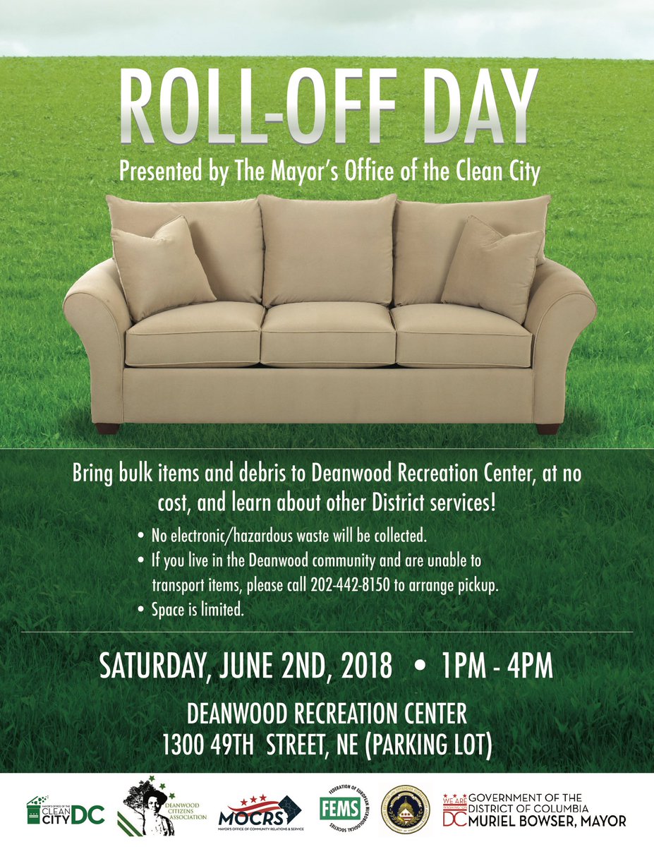 truthshallnlwh's tweet photo. This Saturday, Deanwood residents can bring bulk trash and debris to our Rolloff Day, 1-4 pm at the rec center. No appointment, no cost, but also no hazardous or electronic materials #cleanwood #trashfreedc https://t.co/YuRh4tWi9m