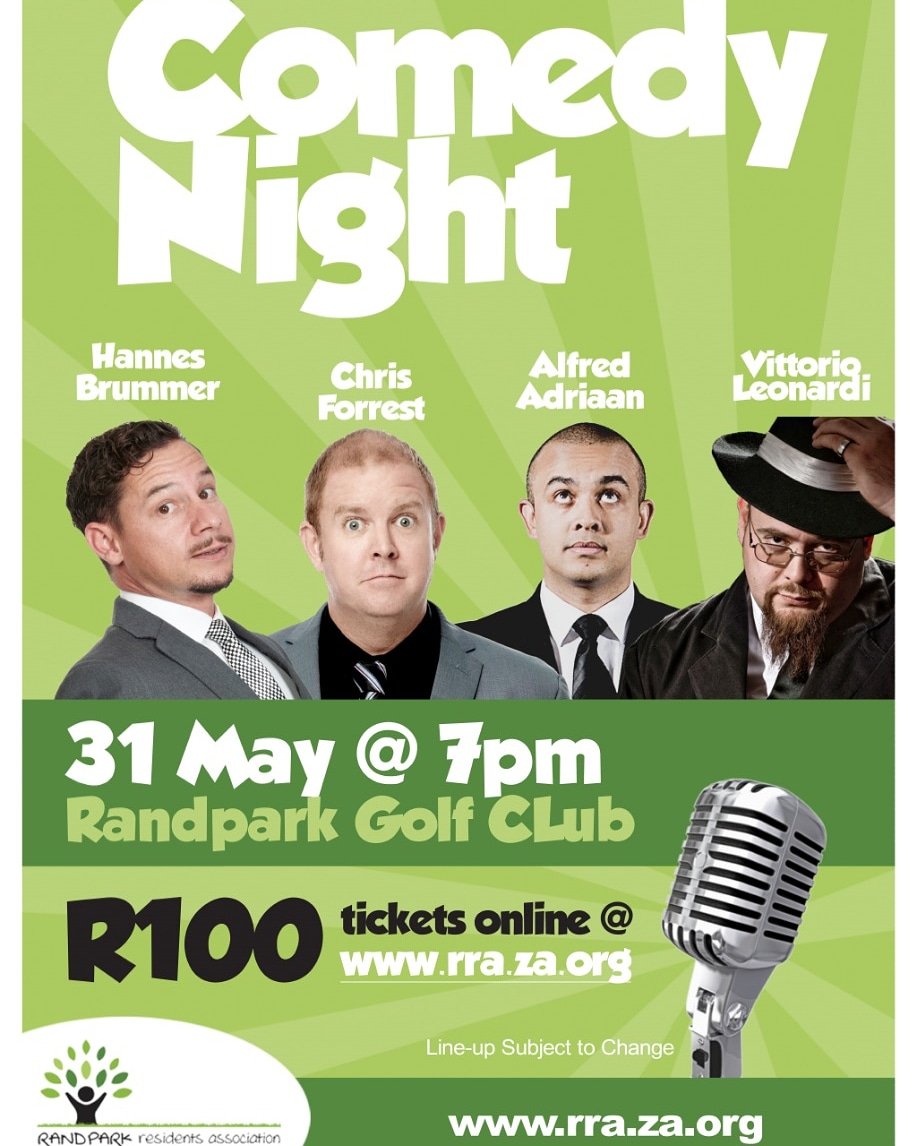 PGComicsSA's tweet photo. Join @ChrisForrestSA @alfredadriaan @Maaskaas and @vittorioleo this Thursday at the Rand Park Golf Club for a night of laughs #PGComics https://t.co/6tifricfRn
