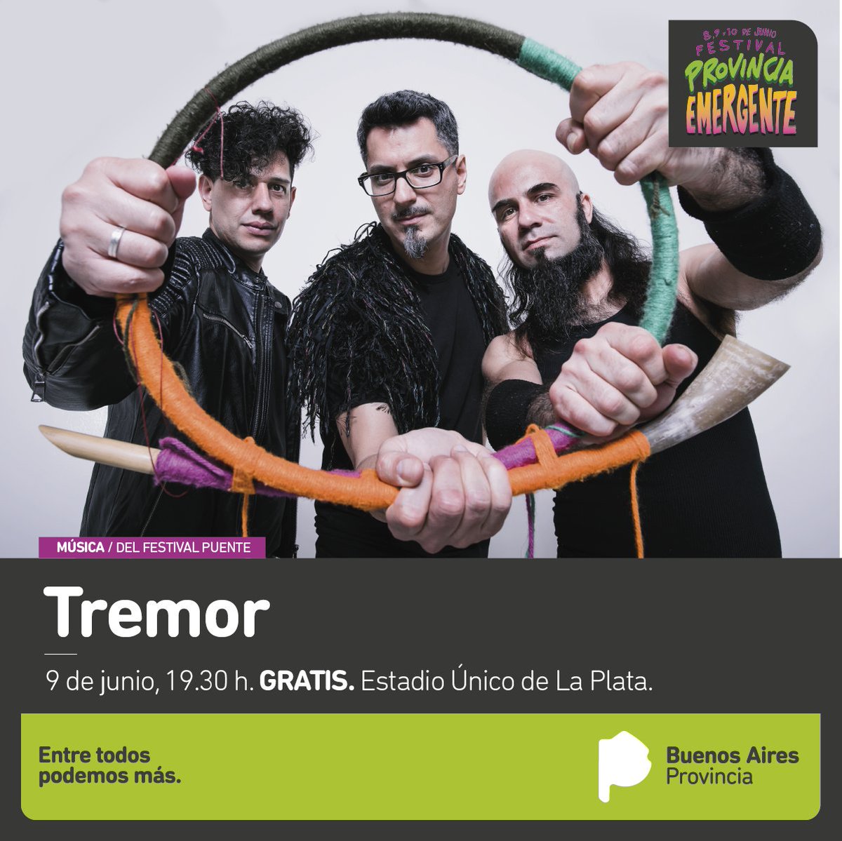 TERECUMBIO's tweet photo. El sábado 9 DE JUNIO #Puente en el festival #PROVINCIAEMERGENTE de Ministerio de Gestión Cultural Provincia de Buenos Aires. @BA_Cultura
Nos acompañan:
@KingCoya + #queencholas , @EnsambleFD y y @TREMORtheband #FestivalPuente en el Festival Provincia Emergente https://t.co/RKVSE8nw3d