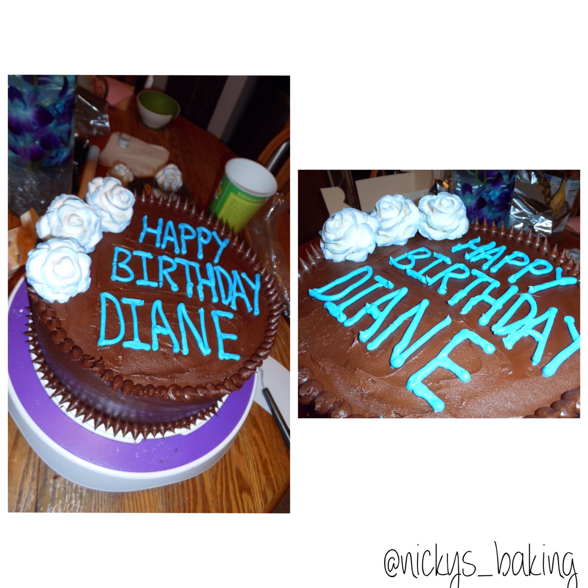 Happy Birthday Diane! Homemade Vanilla Cake with strawberries & bananas, with vanilla pudding filling, with homemade Hershey icing. #homemade #happybirthday #vanillacake #strawberries #bananas #vanillapudding #edibleroses #blue #white #herseys