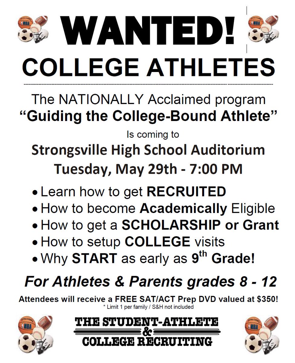 Interested in the college recruiting process and to learn more information? Attend tonight's FREE seminar "Guiding the College Bound Athlete" at 7:00pm in the SHS Auditorium.