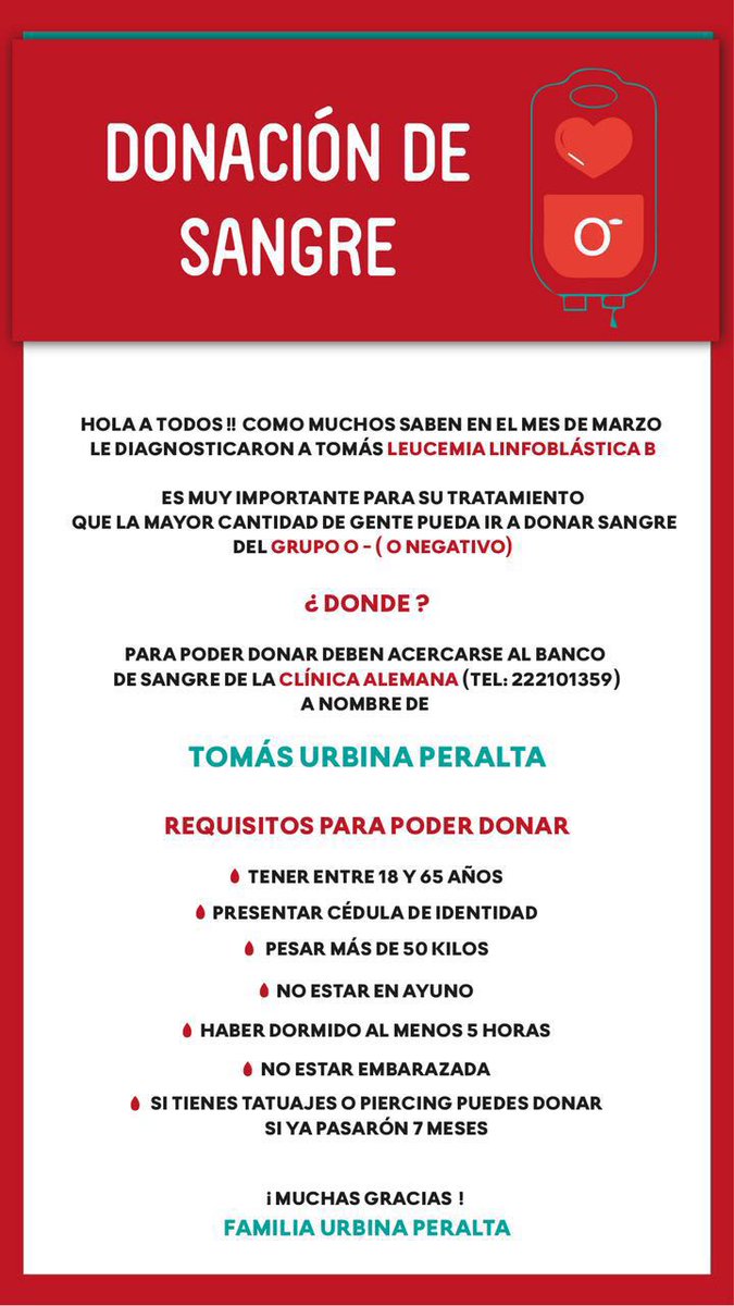 RNESANTIAGO's tweet image. ♦️ UTILIDAD PUBLICA
Amigos les solicitamos su ayuda haciendo RT, se necesitan dadores de sangre para Tomás Urbina Peralta, interesados acercarse al banco de sangre de Clínica Alemana #TodosSomosRNE