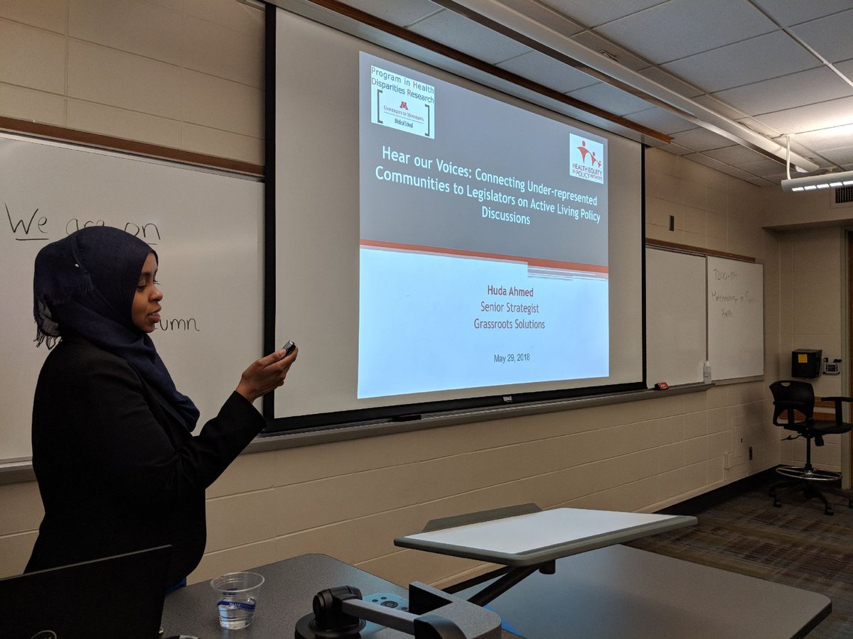 HEAL_umn's tweet photo. Finished off a great first day of @PH_Institute with a talk about "Hear our Voices" by Huda Ahmed from @GRSolutions. https://t.co/yapgtU988N