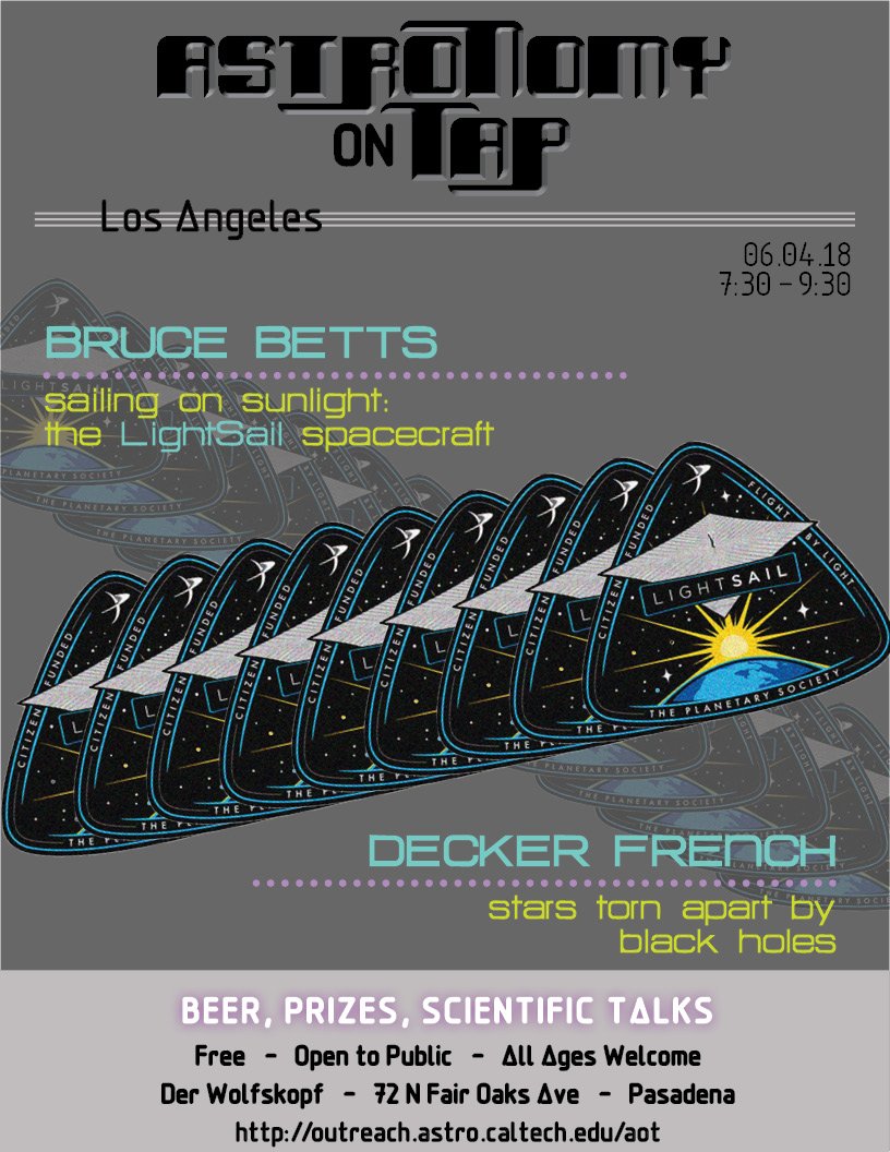 CaltechAstro's tweet photo. Interested in spaceships and stars getting ripped apart by black holes?  Come to #AstroOnTap next Monday night.  Free lectures on science in a bar! @ @DerWolfLA with talks by @astrodecker &amp; @RandomSpaceFact. More info at: https://t.co/eFnXpe6dDO https://t.co/KSv08soCeV