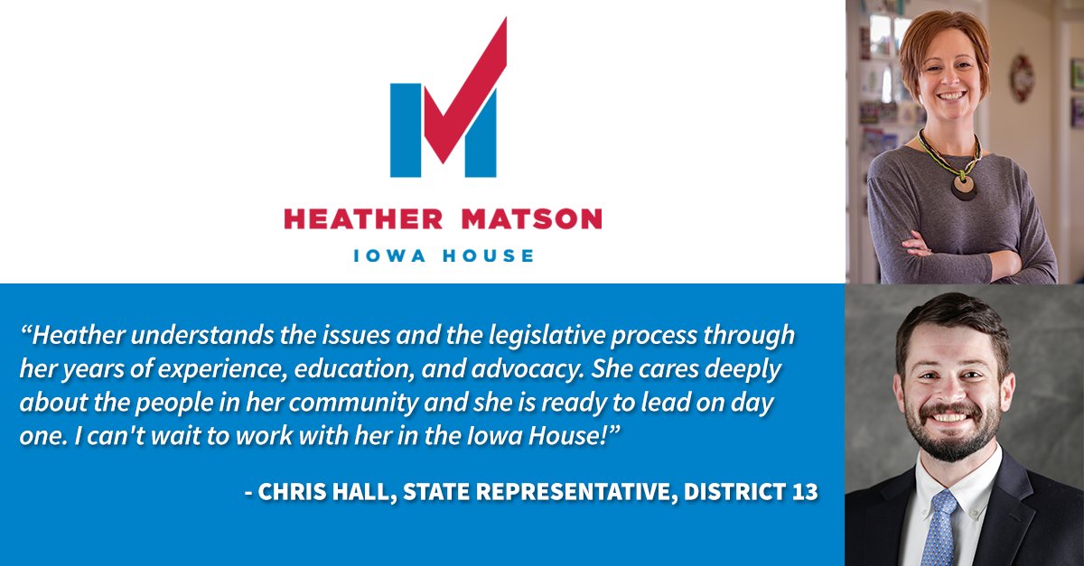 MatsonForHouse's tweet image. Thank you @HallForIowa for your support and for being on #TeamMatson! As the Ranking Member of the House Appropriations Committee, Chris understands what is at stake if we don't flip #HD38 and start passing responsible budgets that fund our priorities and #InvestInIowansAgain.