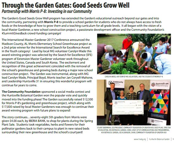 CFHuntsville's tweet photo. So exciting to see the "fruits" of last year's #SummitGivesBack crowdfunding campaign in @HSVBG Garden Columns page 9. Good Seeds Grow Well extended the garden’s educational outreach into the community, providing a school garden to Morris P-8 students.
https://t.co/W2eZBIJgpJ https://t.co/miNYxR4QNV