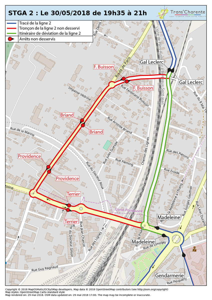 TransCharente's tweet photo. #STGA2 Le 30/05 à partir de 19h35 :
- Les arrêts "Terrier", "Providence", "F. Buisson" et "Briand" ne seront pas desservis.
- Vous reporter à "Madeleine" ou "Gal Leclerc". https://t.co/4zb8lVzrnz