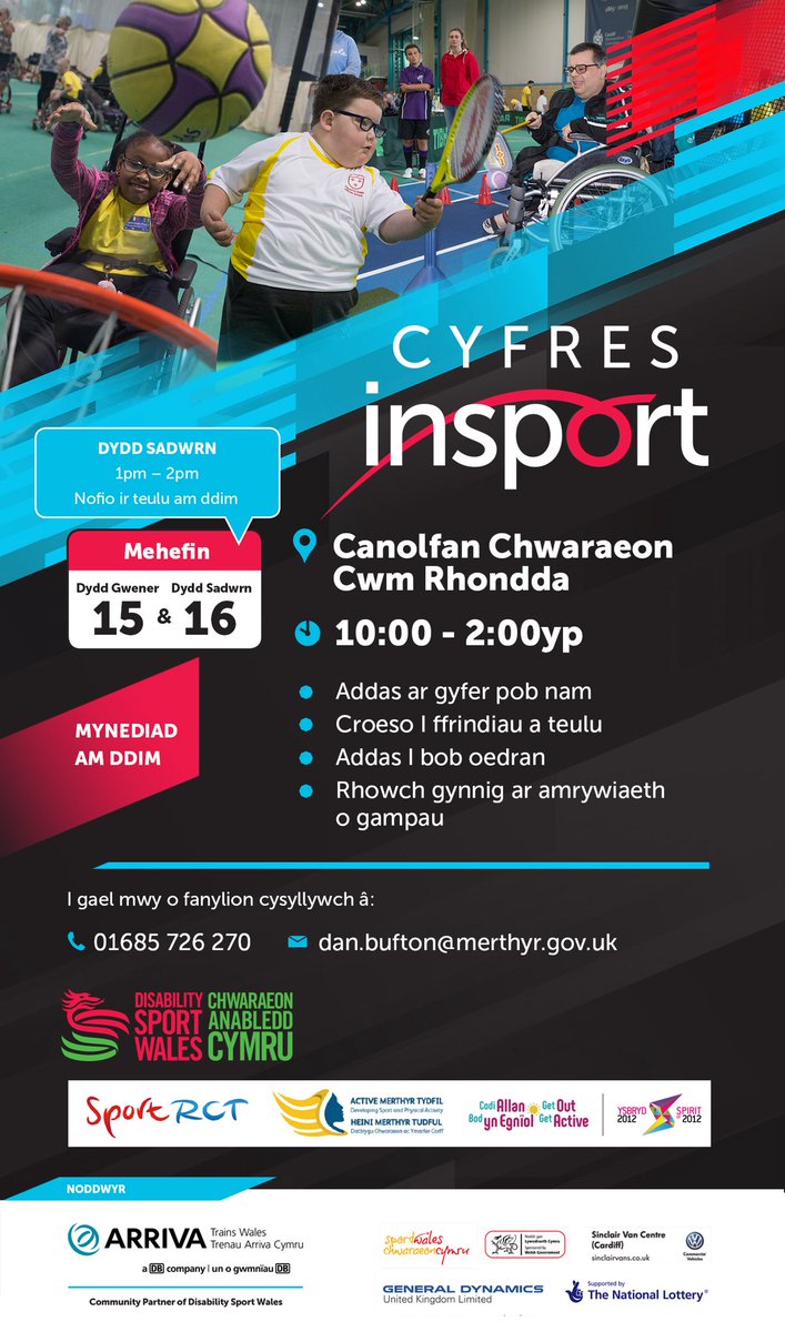 Join us for the <a href="/dsw_news/">Disability Sport Wales</a> Cwm Taf insport series on Fri 15th &amp; Sat 16th June. Free event where you can try a range of activities &amp; find out where your local inclusive opps are across Merthyr and RCT.
Activities include Wheelchair Basketball, Play, Dance, Boccia, Rugby and more!