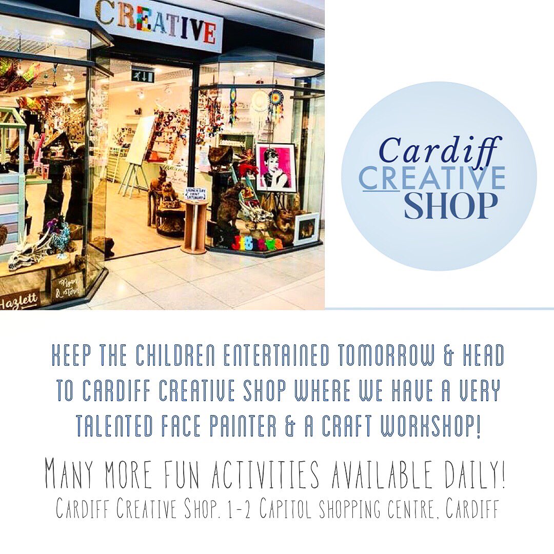 CDFCreativeShop's tweet photo. And the fun continues! Tomorrow we have face painting by a very talented face painter. We also have fun workshops available so keep the children entertained and visit us in @Capitol_Cardiff from 10am! #Cardiff #Wales ✨ https://t.co/MhibdwDAlU