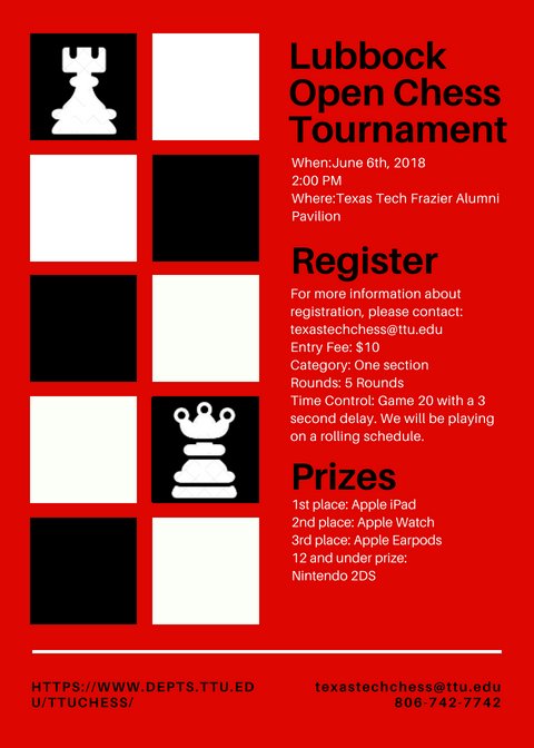 In one week, the Knight Raiders will be hosting the Lubbock Open Chess Tournament! This is a one section, 5 round tournament. You can win an Apple IPad, Apple Watch, or Apple Earpods. Don't forget to register @ surveymonkey.com/r/FWHBBWR, #chess #TexasTech