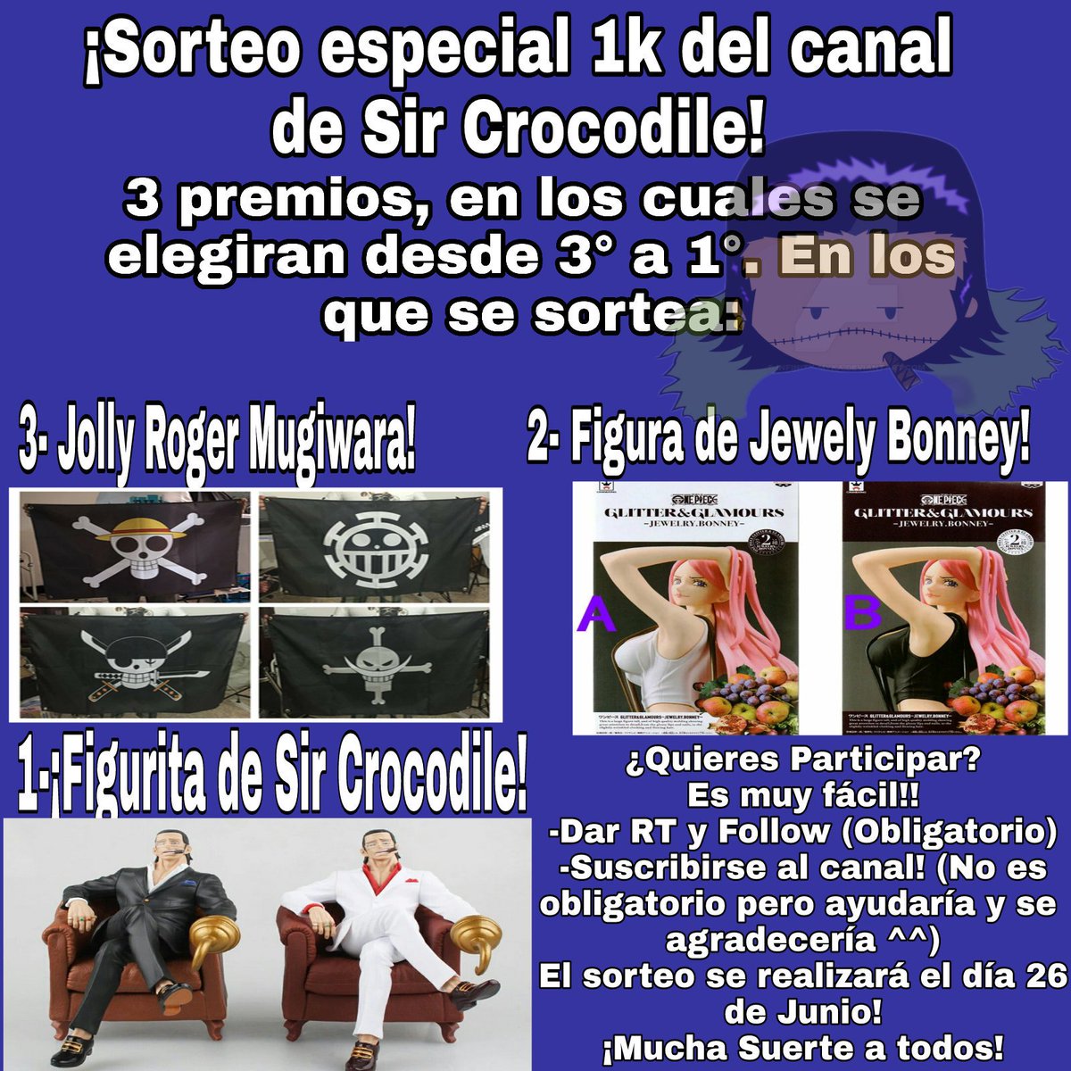 SirCrocodile_YT's tweet photo. ¡¡SORTEO!!
Hace tiempo que dije si llegaba a 1K Subs, haría un sorteo. Y no me olvido de mis palabras, asi que aquí lo tenéis. ^^ 

Para participar es OBLIGATORIO dar RT a este Tweet y Seguirme en Twitter. Mas info en la imágen.

Nos vemos el 26 de Junio guapxs. ^^ https://t.co/VAikNumoT5