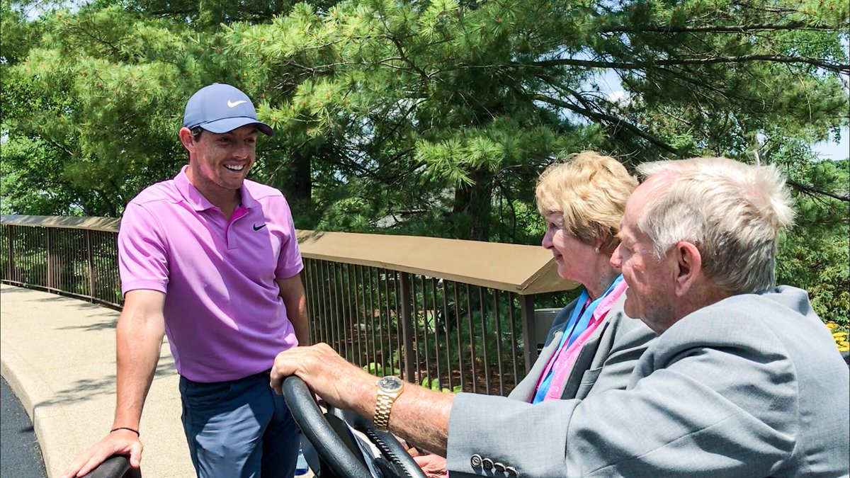 jacknicklaus's tweet photo. At the @MemorialGolf, golf carts yield for major champions. And for 4-time winners like @McIlroyRory, Barbara &amp; I prefer to stop and chat! 😉 Welcome back, Rory, and best of luck this week, my friend! https://t.co/6VIw9UNGup