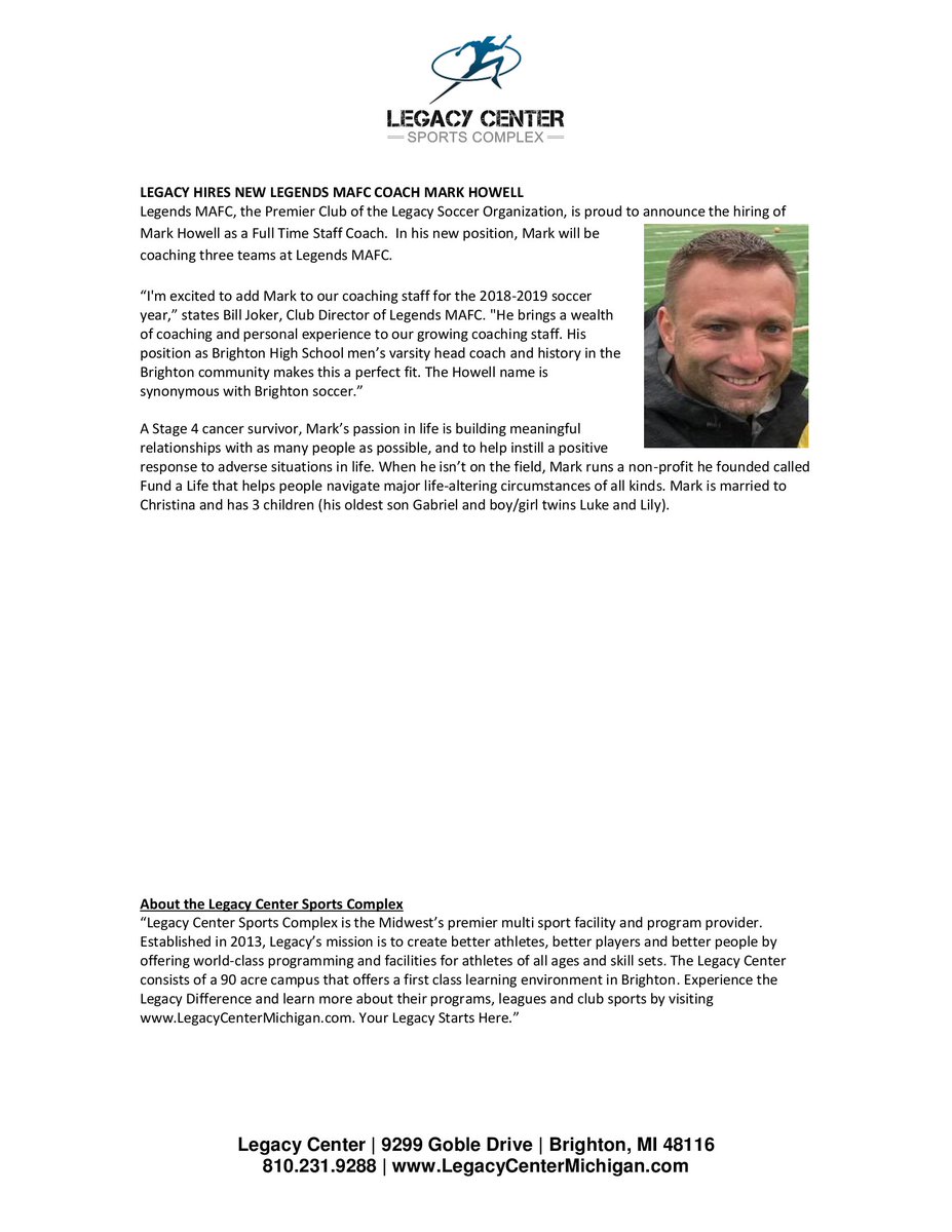 Welcome Mark Howell to Legends MAFC! <a href="/LegacyMI_Soccer/">Legends FC</a>