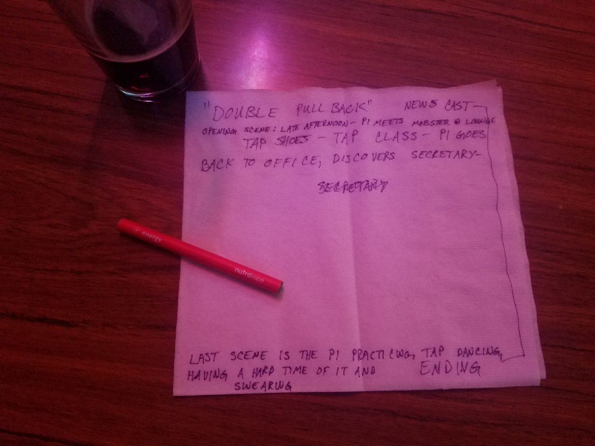 WriYo_Pro's tweet photo. Hello all!  So I thought I would share a pic of us working on the outline of episode one!  No joke...we were working at our fav bar...and didn't have paper....so yes...that is a napkin...

#podcast https://t.co/x1hjWfOHwD
