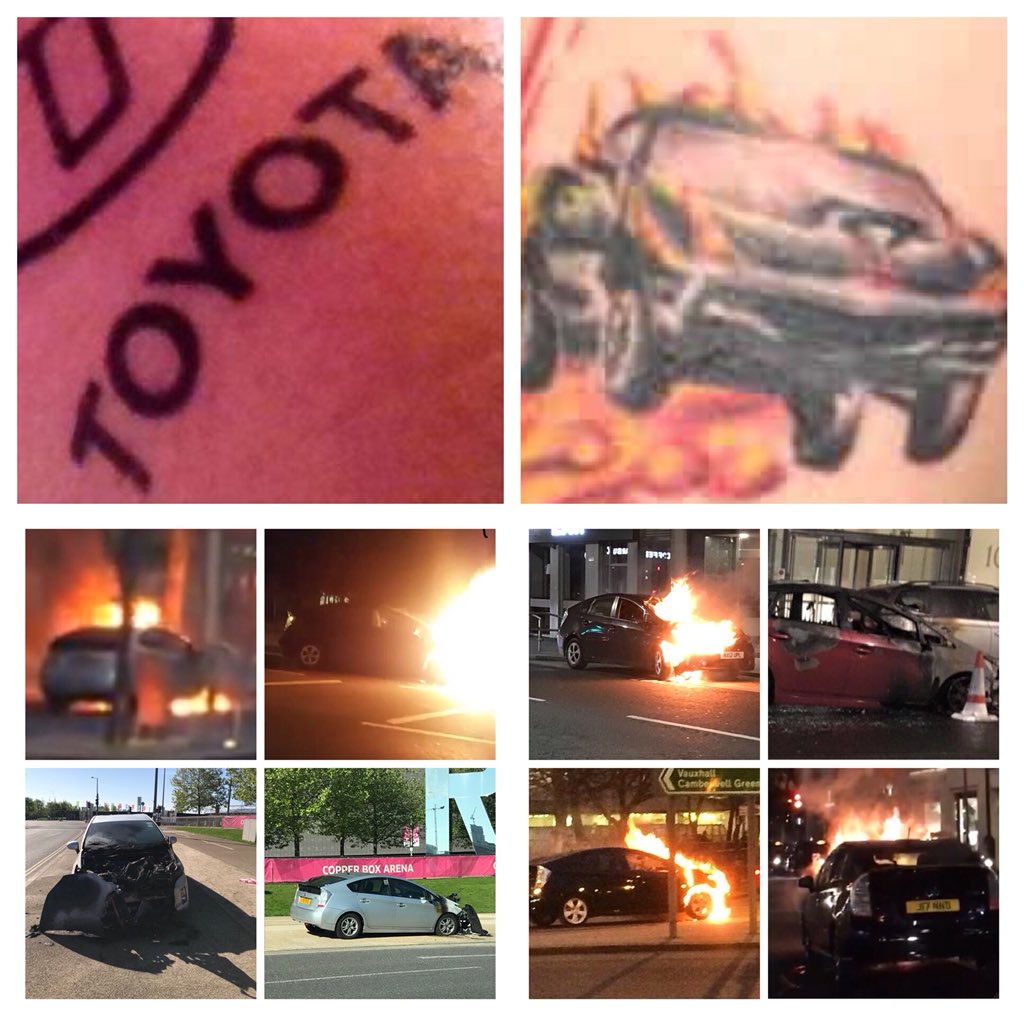 PaulDDDaughters's tweet photo. England footballer #RaheemSterling has defended his new #tattoo of a gun, saying it has a "deeper meaning" So nearly getting burnt to death in a #ToyotaPrius does that count!! #UberFire #Toyota #TuesdayMotivation #Breaking https://t.co/3zuMHy76mI