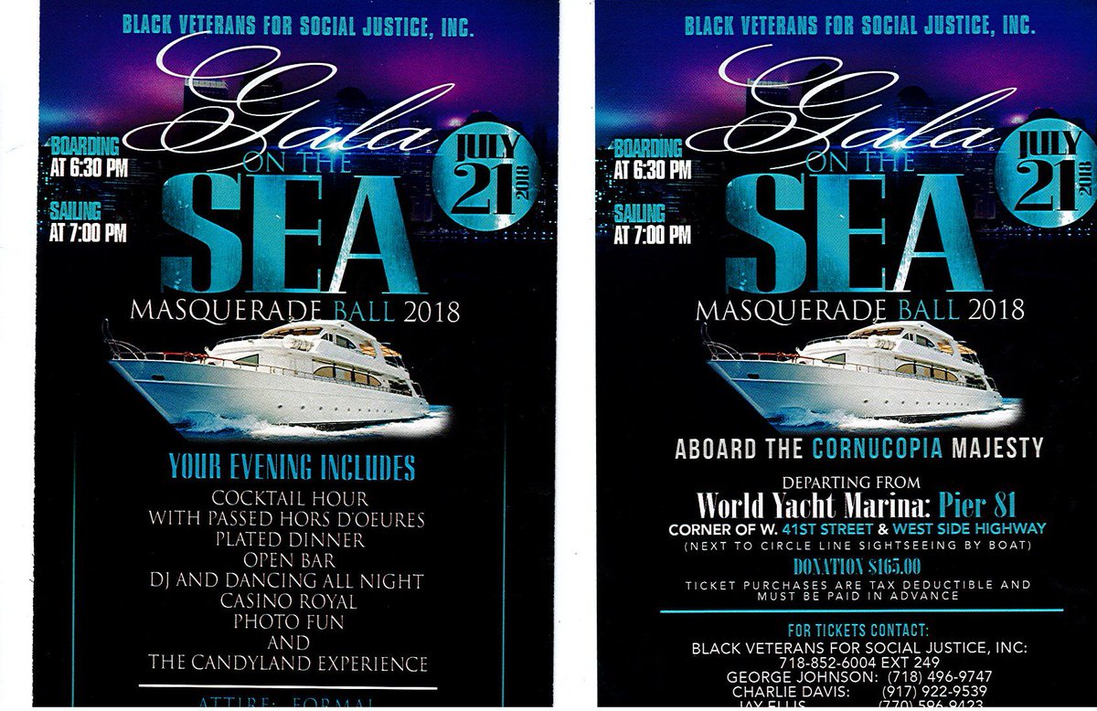 blackvets's tweet photo. GALA ON THE SEA

Come dine with #BVSJ on board the Cornucopia Majesty on 7.21.2018 for our Gala Extravaganza!

It's a Masquerade Ball with fine dining, awards, casino and much more.

#bvsjveterans #blackveterans #socialjustive #veterans Bvsj Veterans https://t.co/FY81yHxJP4