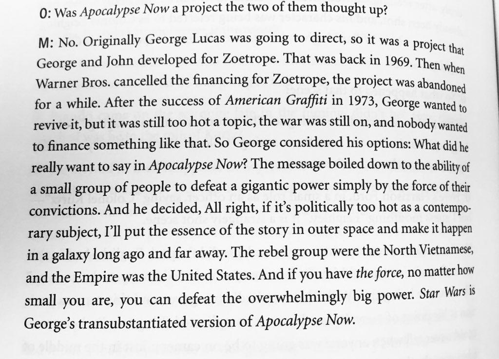 ericallenhatch's tweet photo. An original spark for STAR WARS was George Lucas transposing what he’d hoped to say in APOCALYPSE NOW when he’d been attached: that a small, idealistic group of rebels (N. Vietnam) can defeat a massive Empire (the U.S.)

[via Walter Murch in Michael Ondaatje’s THE CONVERSATIONS) https://t.co/Ms75zB8AmW