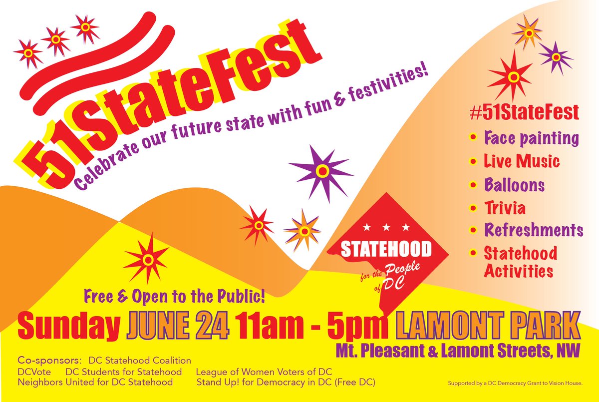 New_Columbia's tweet photo. Save the date: SUNDAY, JUNE 24 #51StateFest Thanks to our cosponsors: @StudentsforDC @DC_Vote @51stDC @StandUp_FreeDC @LWVDC @DCStateFair https://t.co/IzjD4FVcPu