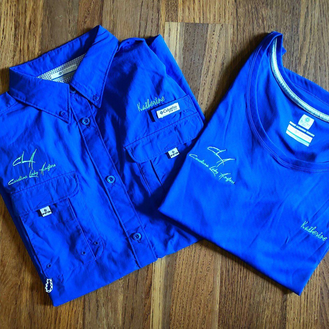 KuszmaulDesigns's tweet photo. We loved designing and getting these shirts embroidered and printed for the Carolina Lady Angler tournament tomorrow! Contact us for any custom printing needs. #kdpr #kdandpr #charlestonsc #explorecharleston #kuszmauldesignpr #finishingtournament #fishingforthecure #CLA https://t.co/yNiHVY6NKf