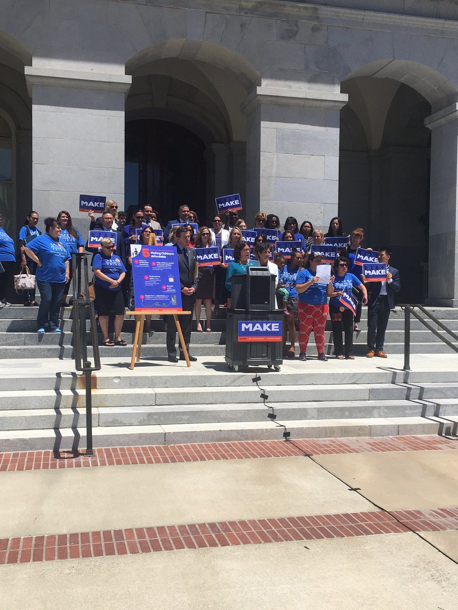 First5Assoc's tweet photo. Legislation to expand access to childcare goes up for a vote on Thursday, May 31! @AsmAguiarCurry stands with providers, parents at the Capitol steps to make the case for AB 2292 and #BillionForBabies. #SpringforKids https://t.co/Htqhh6bjEQ