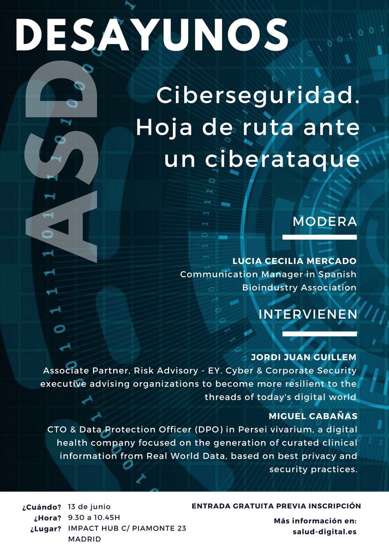 ASaludDigital's tweet photo. @MalalaRagni Tenemos el placer de anunciar que #desayunosASD será retransmitido por @PeriscopeCo 🎥

13 junio 1er Desayuno ☕️ con un tema de actualidad, la #ciberseguridad 🔐

Programa aquí 👇🏼 , abrimos inscripciones en breve... #eventosASD #AgendaASD https://t.co/WFxxuRHYfC