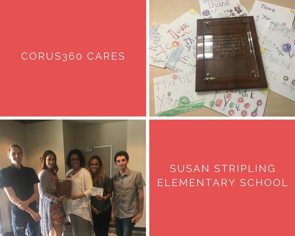 Corus360Cares's tweet photo. Last week, the Principal and counselor from @StriplingES visited @Corus360 to give the company a big 'Thank you' present from their faculty &amp; students, including a plaque and hand written cards from the students. Shoutout to those @Corus360 who keep making the difference! 🙌 https://t.co/q3CeutdMBa