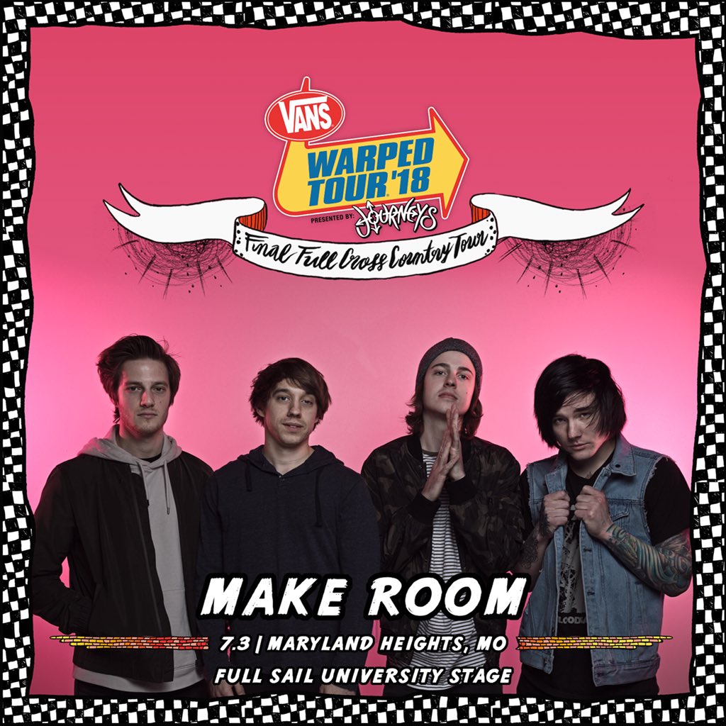 MakeRoomBand's tweet photo. We’re incredibly stoked to announce that @ReverbNation has given us the opportunity to play the @FullSail stage at the final @VansWarpedTour in 
St. Louis! See you guys July 3rd! https://t.co/6t640WpuQD