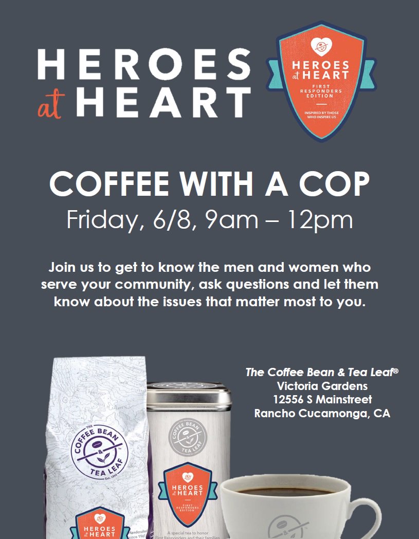VictoriaGardens's tweet photo. COFFEE WITH A COP👮‍♀️👮‍♂️
Friday, June 8th, 9AM-12PM
Join us @TheCoffeeBean to get to know the men &amp; women who serve your community, ask questions &amp; let them know about the issues that matter most to you. #heroesatheart #firstresponders #coffeebean #victoriagardens https://t.co/d2YFSpYQIB