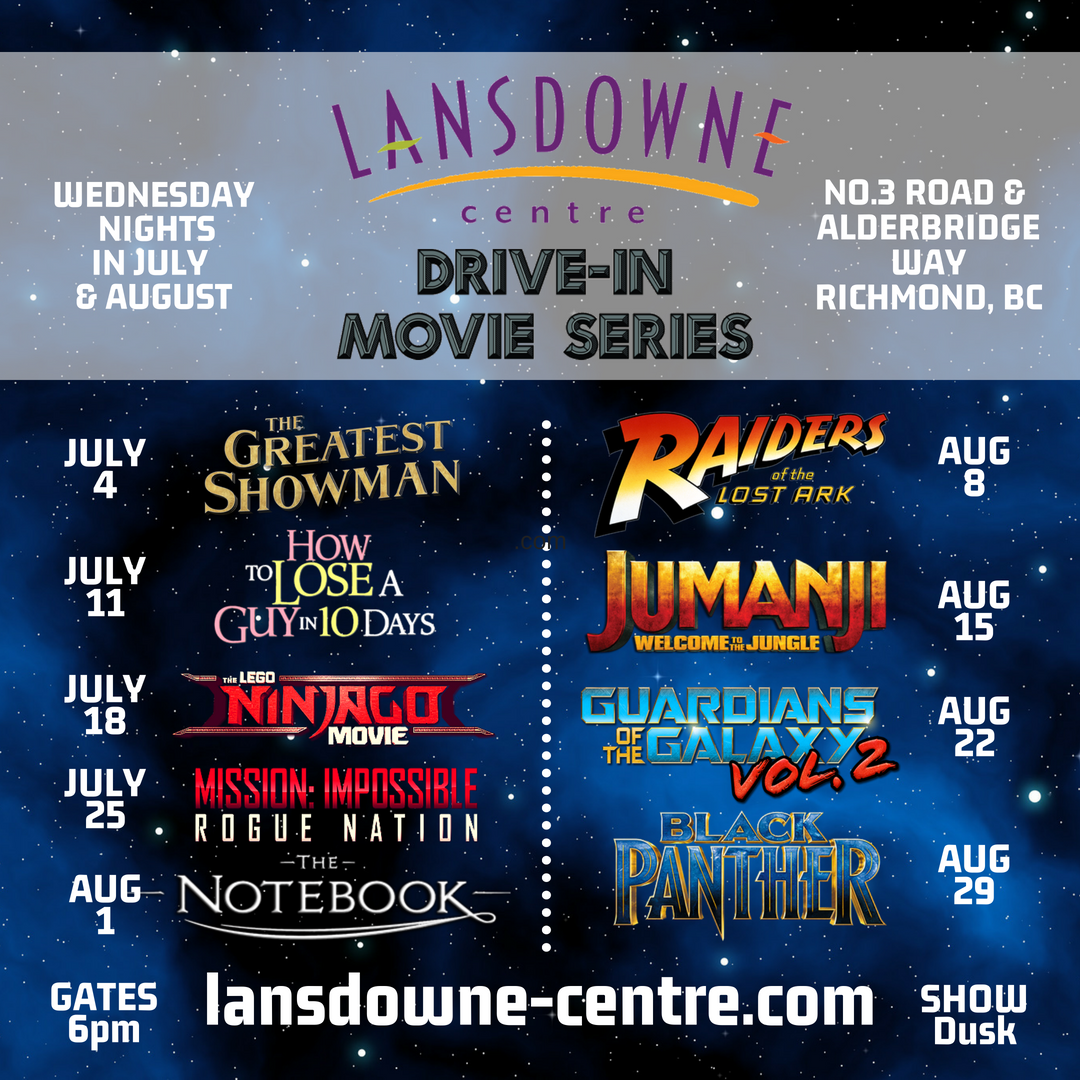 JUST ANNOUNCED! Free #Drive-In movies are BACK at <a href="/lansdownecentre/">Lansdowne Centre</a> in #RichmondBC every Wednesday in July and August! From <a href="/GreatestShowman/">The Greatest Showman</a> to <a href="/theblackpanther/">Black Panther</a> - there's something awesome to see every week on the huge 4-storey screen! lansdowne-centre.com