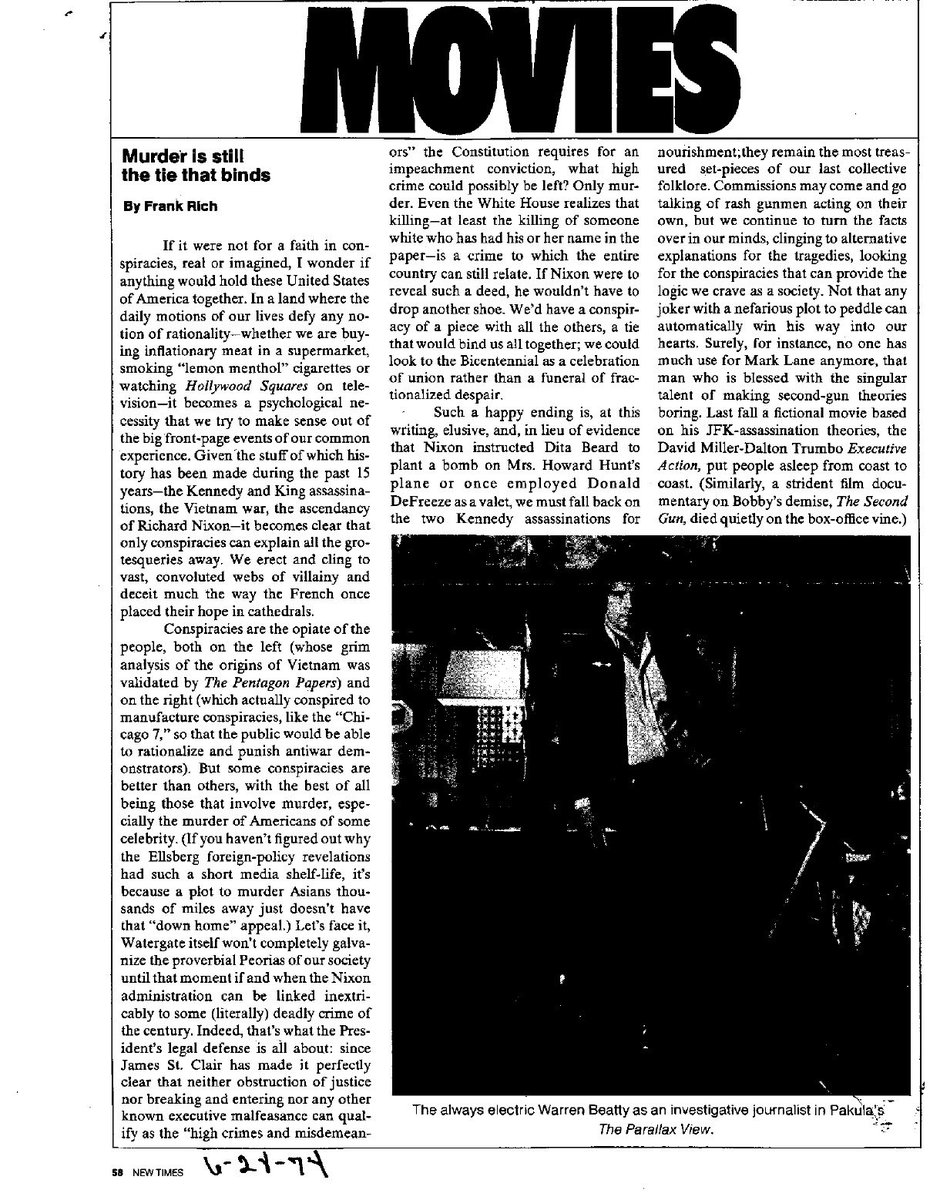 CONELRAD6401240's tweet image. Love @frankrichny 's Mark Lane / Executive Action jokes in his #ParallaxView review published in New Times during the last days of Watergate. @geraldposner