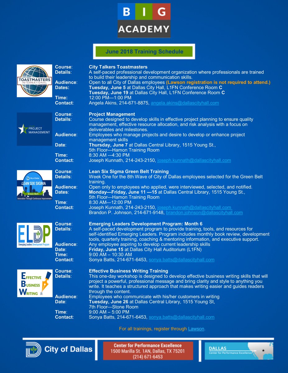 CODCPEdissolved's tweet photo. Hey @CityofDallas Employees now's the time to up your training for this summer. Here is June's training calendar.  Register through Lawson (where necessary). https://t.co/VQtIZNvwbG