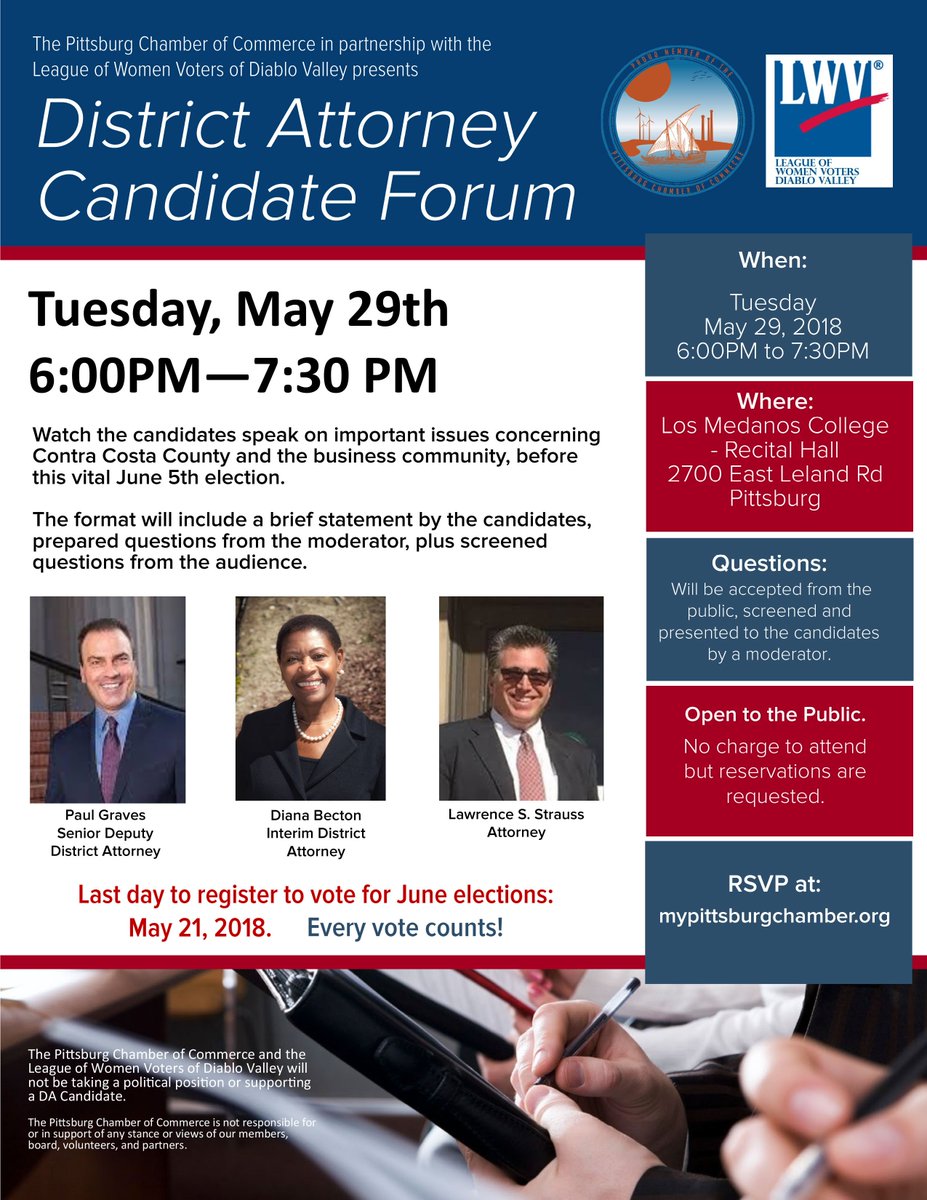 DADianaBecton's tweet photo. #PITTSBURG! See you TONIGHT! (cc: @chamber94565, @LWVDiabloValley). Info/RSVP: https://t.co/16ZyIpkPvf . - #TeamBecton #Becton4DA #VoteJune5th https://t.co/ZzFl3C6988