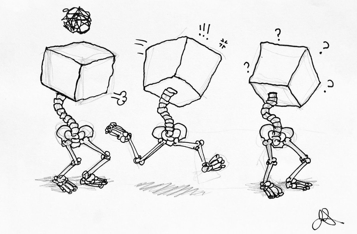 character sketches of a cartoon character that has the spine and legs of a human skeleton but a giant head that is a stone cube, based on the image from the cnn tweet