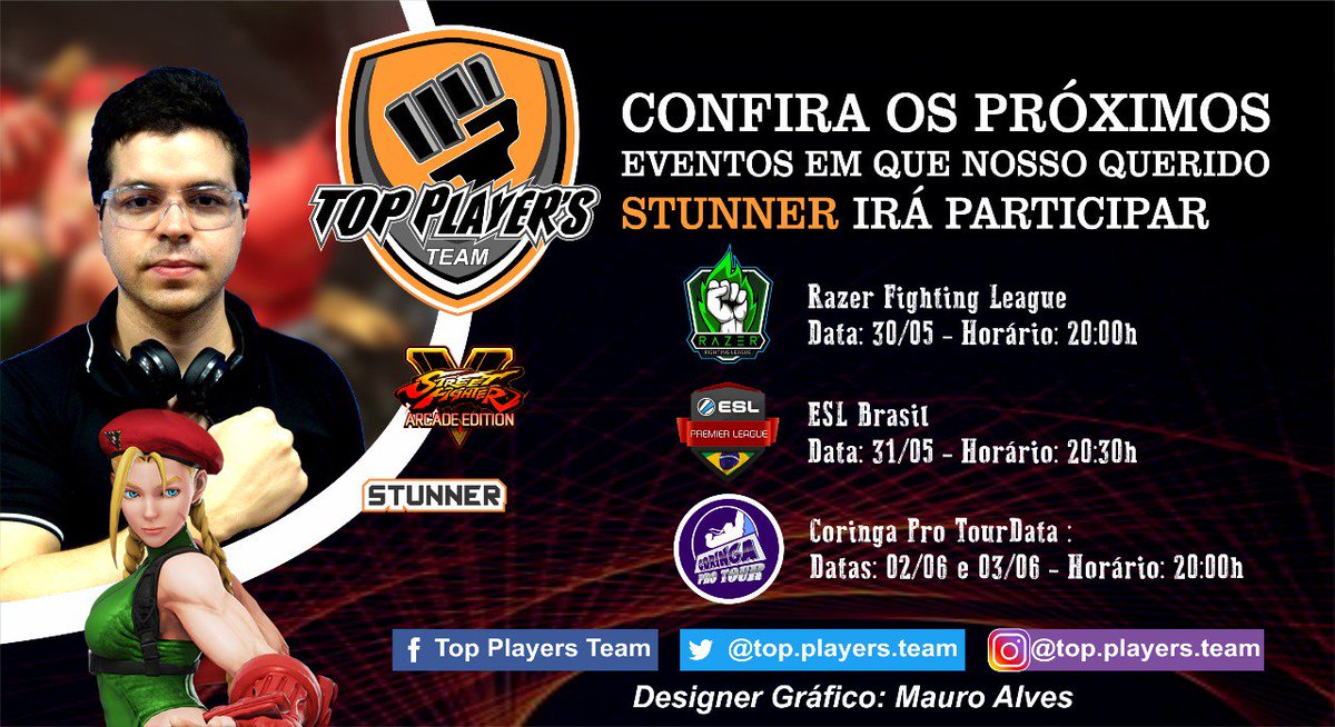 TopPlayersTeam1's tweet photo. Eai galerinha, beleza? Nossos lendários jogadores estão disputando alguns campeonatos, e aqui são seus próximos desafios. 
#topplayersteam #sfv #fgc #stunner #destroyer https://t.co/orDv3Xp5fA