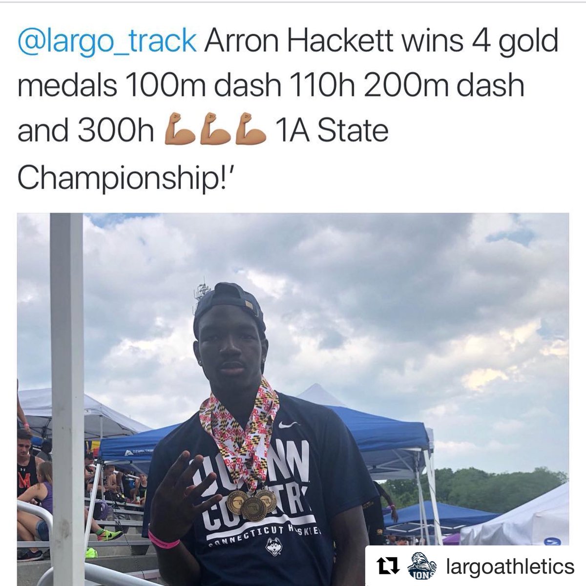 Largohsmd's tweet photo. Vote for Aaron here: https://t.co/SdIf1romXW
#Repost
・・・
Largo Community we need you! Go vote, for Aaron Hackett, for best male performance, at the state track meet.
#DenPride 💙🦁💙
#VoteForAaron☑️☑️☑️
#BestMalePerformance 🦁🏃🏽♂️💨 https://t.co/1tAor7Z9Hg