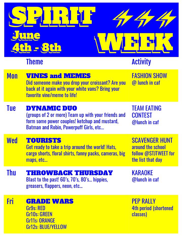 LASERS ⚡️⚡️⚡️ SPIRIT WEEK is NEXT WEEK! Dress to the planned theme everyday (full dress down but must be to the theme and must be appropriate) and get creative! <a href="/STJTWEET/">St. Joseph's CHS</a>